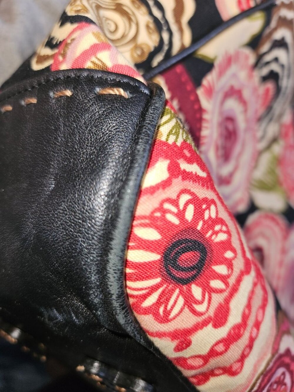 Brighton Canvas/Leather Colorful Floral Boho Hobo Stitched Tote Shoulder Bag - Picture 12 of 16